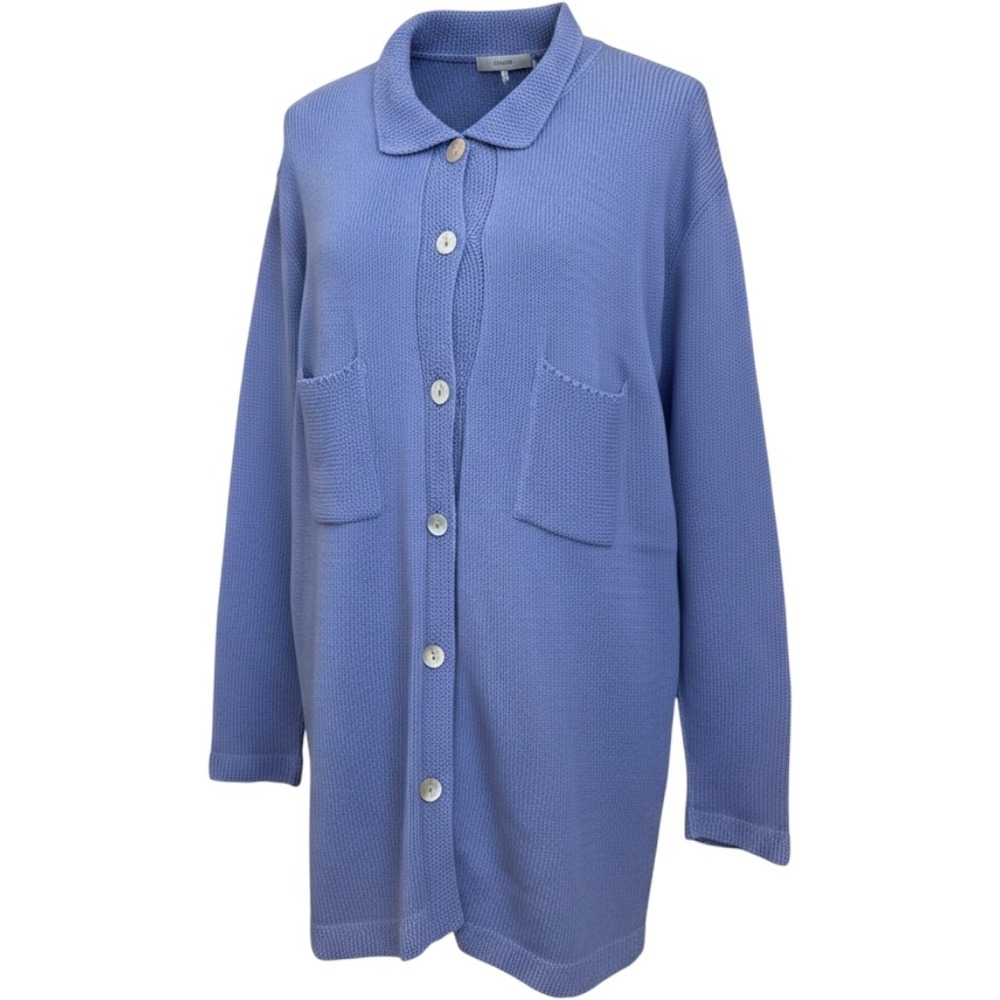 Womens Periwinkle Blue Longline Cardigan Collar Button Front Knit Sweater Pocket
